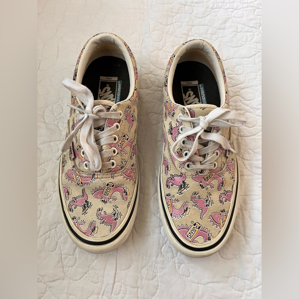 Vans Pro Era Men’s Suede Tan and Pink Vanosaur Dinosaur Sneakers